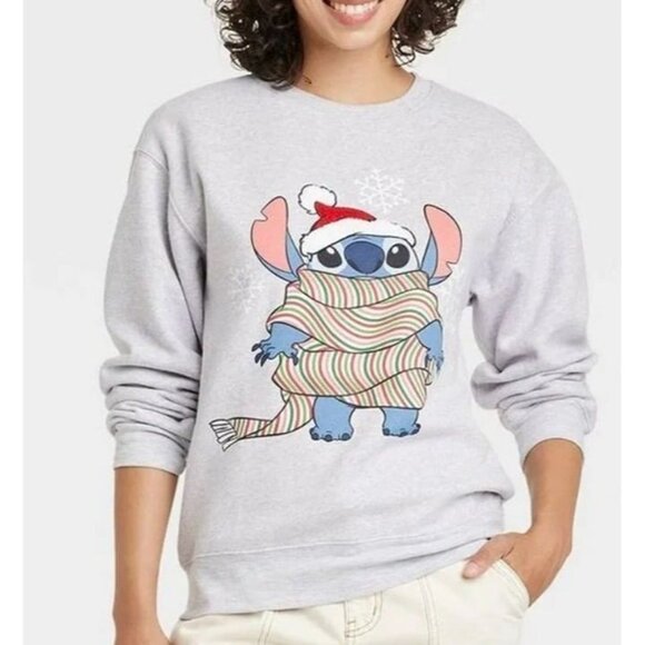 Disney Women's Stitch Holiday Graphic Sweatshirt Heathered Gray Size Large - Picture 1 of 10